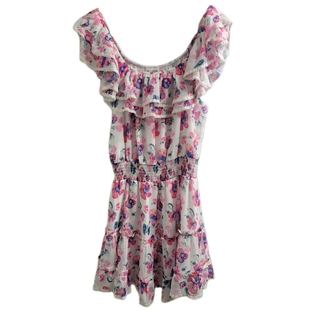 NWT Allison New York Pink Floral Ruffle Off Shoulder Mini Dress L Smocked Waist